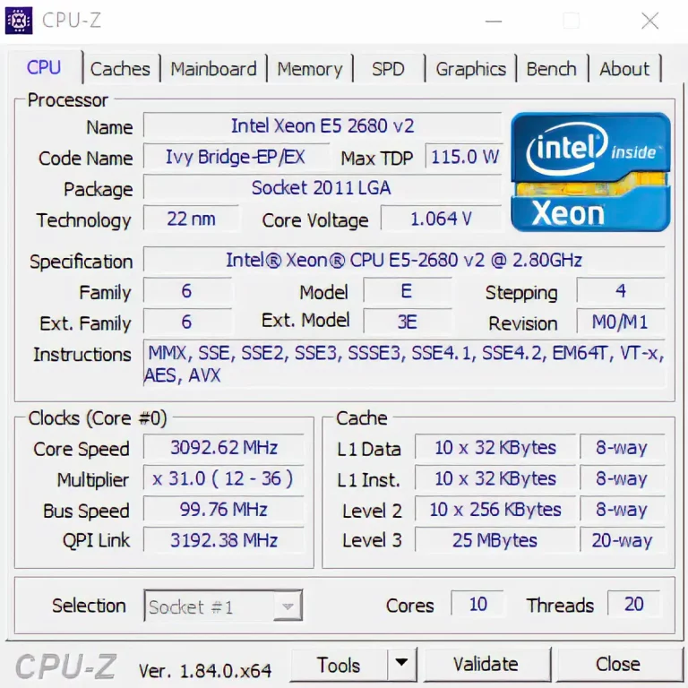 Тест процессора Xeon E5-2680 v2 в CPUz