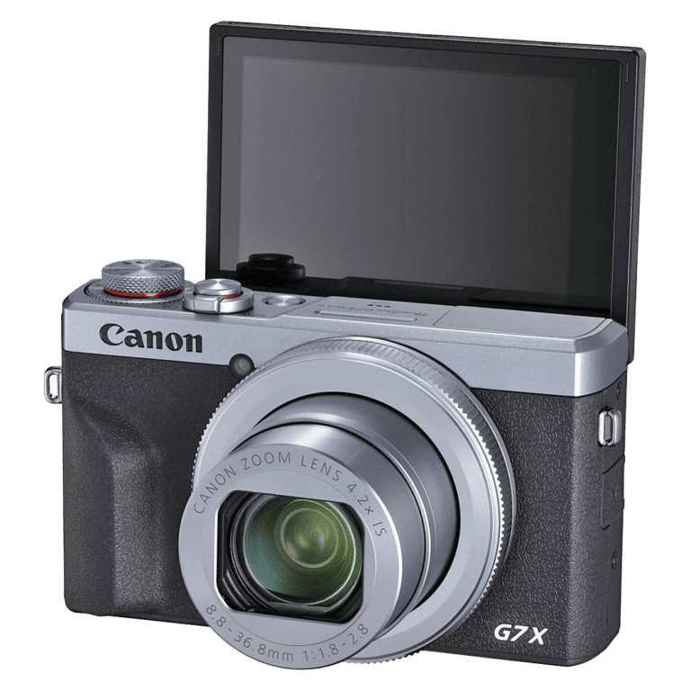 Фотоаппарат Canon PowerShot G7 X Mark III - вид спереди с поднятым экраном png