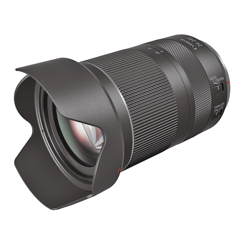 Объектив Canon RF 24-240mm f/4-6.3 IS USM – вид спереди с блендой