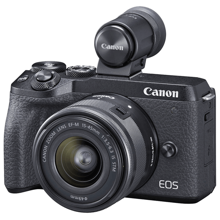 Беззеркальный фотоаппарат Canon EOS M6 mark II - вид спереди с видоискателем png