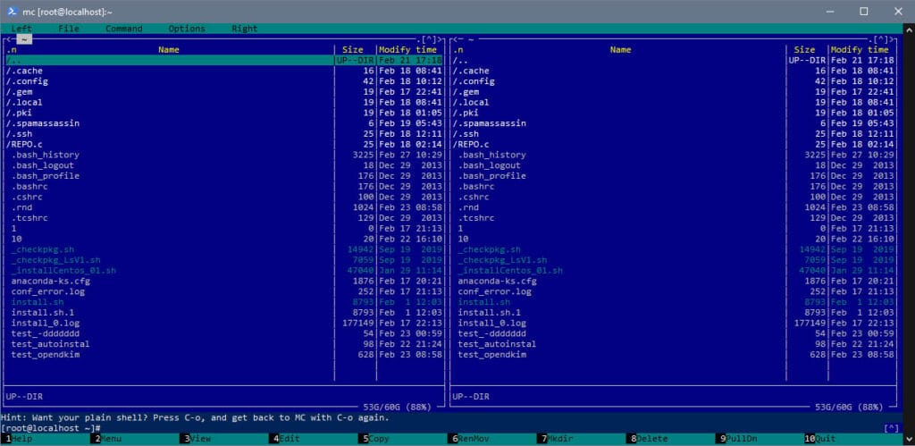 Файловый менеджер MC в окне Power Shell SSH