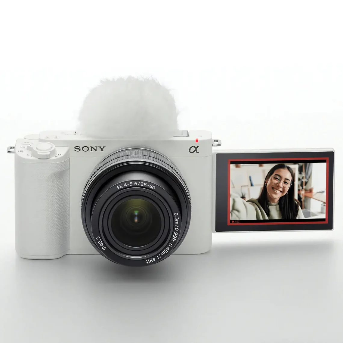 Камера для влогеров Sony ZV-E1 - вид спереди - в белом цвете корпуса
