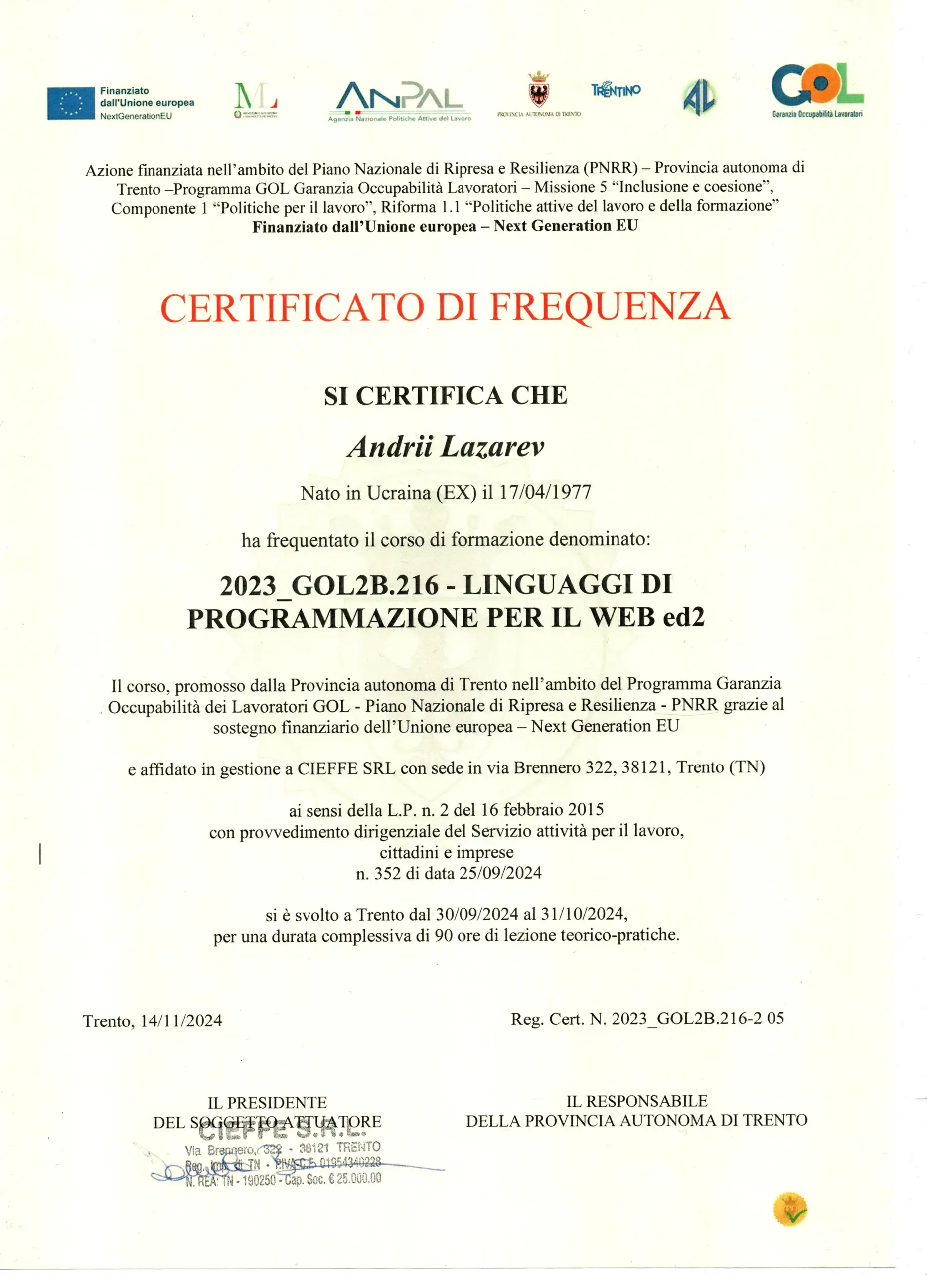 Certificato di sviluppatore web 2024 – 01